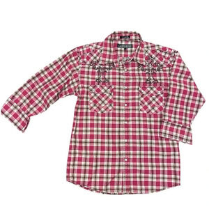 Lamasini 3/4 Sleeve Western Embroidered Embellished Plaid Button Up Shirt